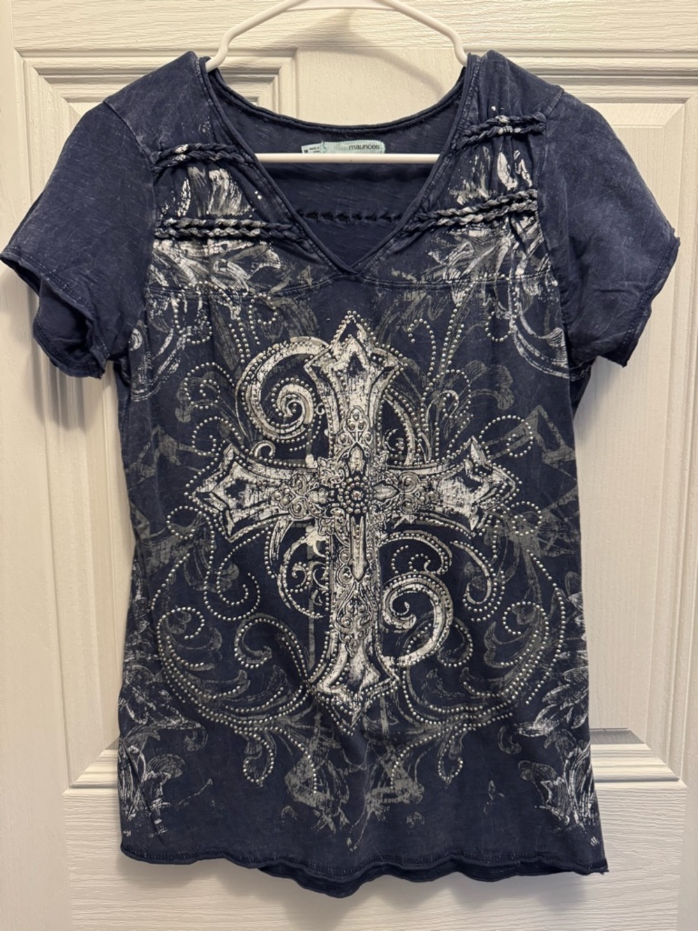 Maurices Navy Short Sleeve Tee with White Ornate Cross